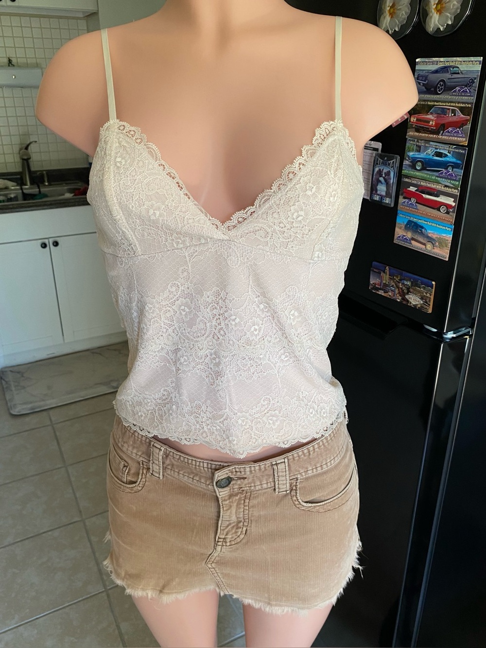 Y2k vintage nude and pink lace deep v neck tank top.